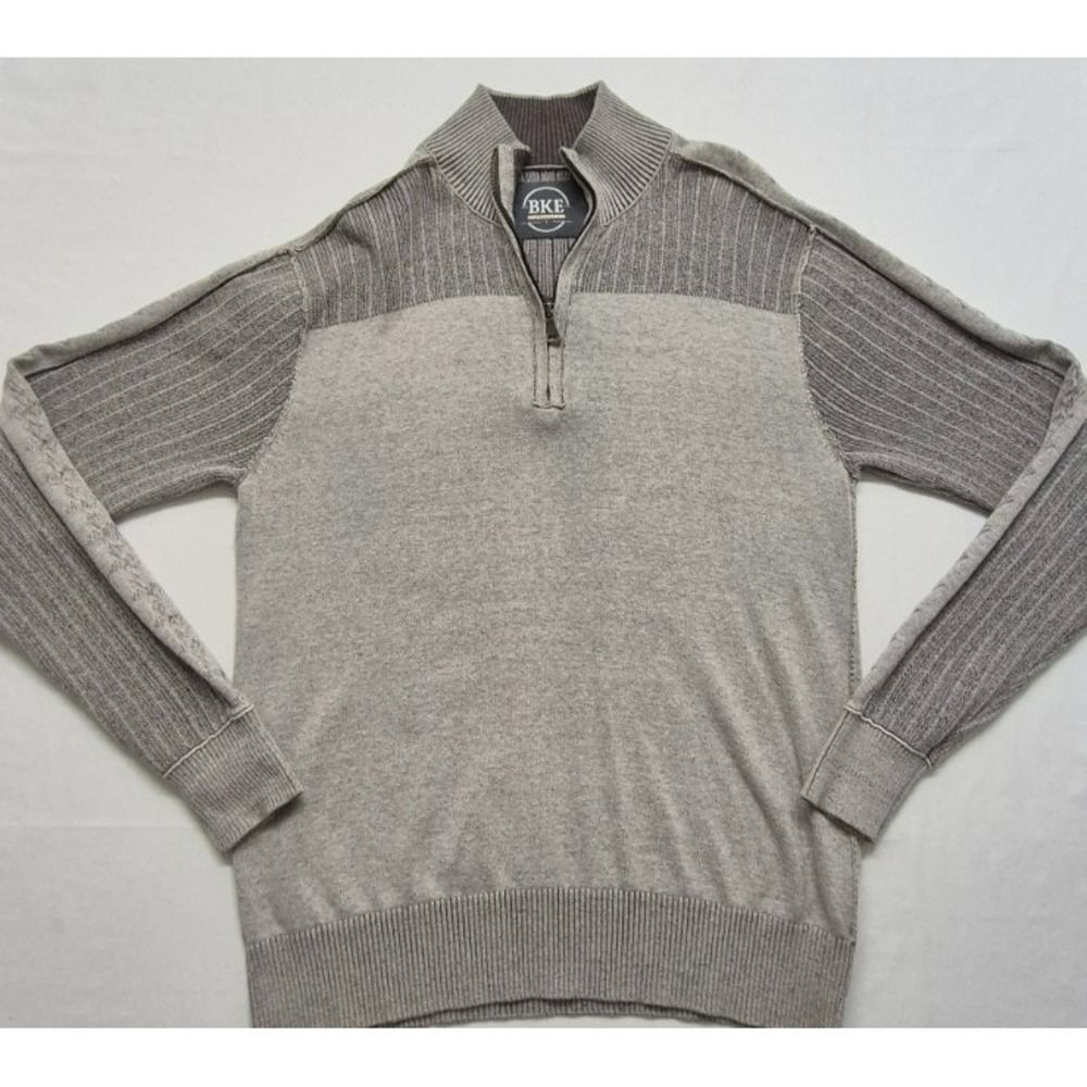 BKE Standard Fit Sweater 1/4 Zip High‎ Neck Mens Beige Sleeve Detailing SZ. LG